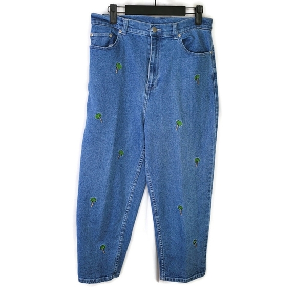Quacker Factory Crop Blue Denim Jeans Palm Trees Embroidered High Waist Size 12 - Picture 1 of 8
